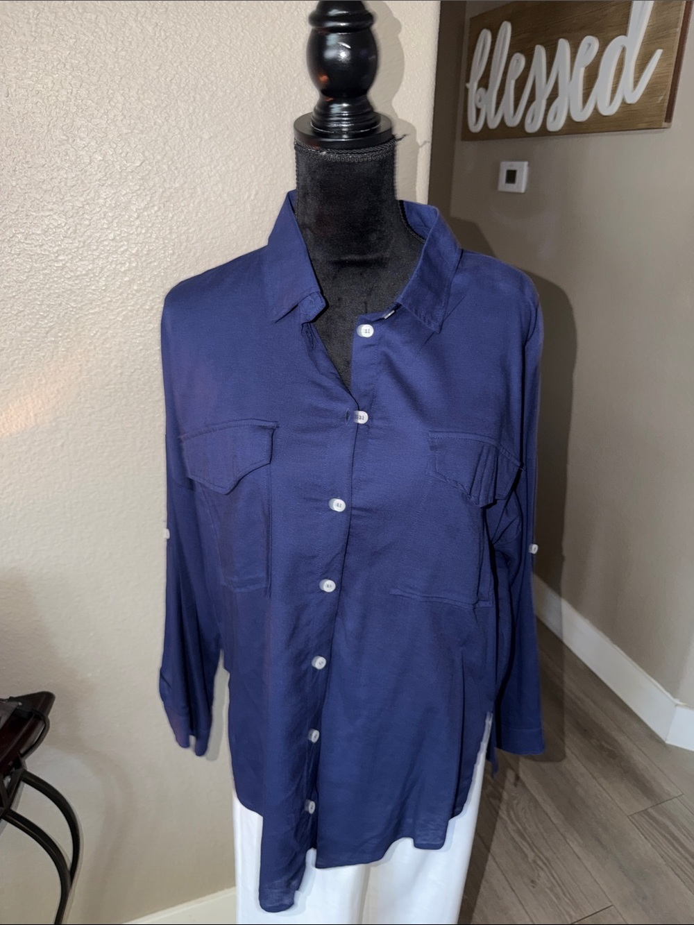 Love Tree Navy Linen-Blend Top